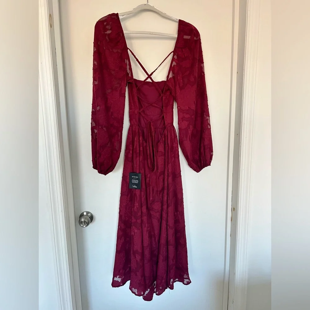 Lulus Burgundy Floral Long Sleeve Lace-Up Back Midi Dress - Picture 6 of 8